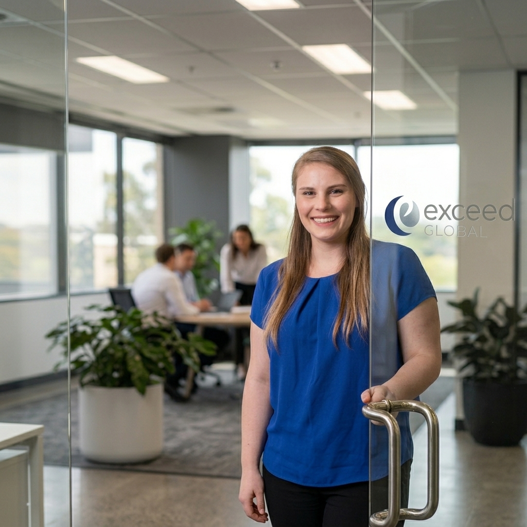 An Exceed Global consultant at the office entrance, with a client meeting in the background