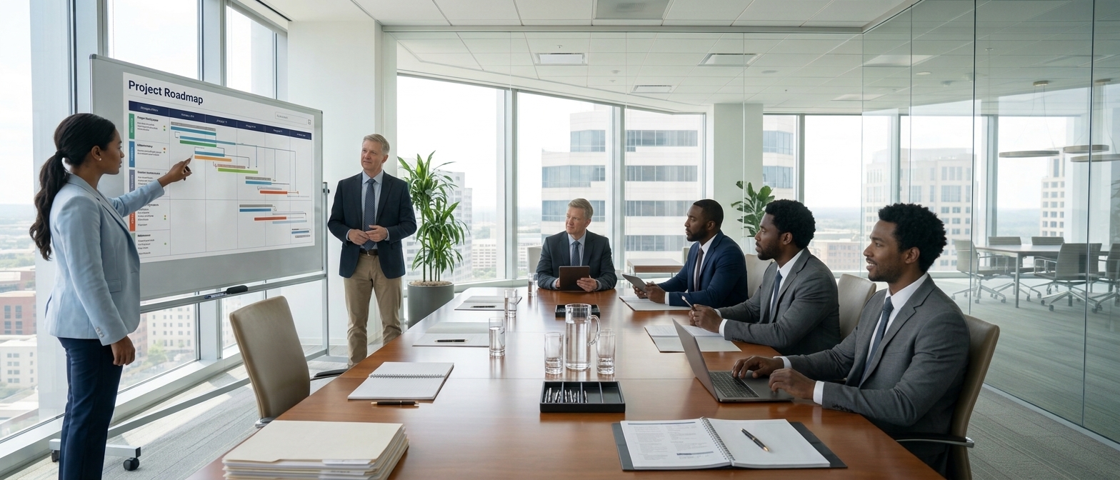 A consultant presenting a project roadmap to a client team