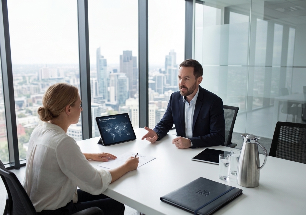 A consultant and a candidate in an interview at a boardroom table